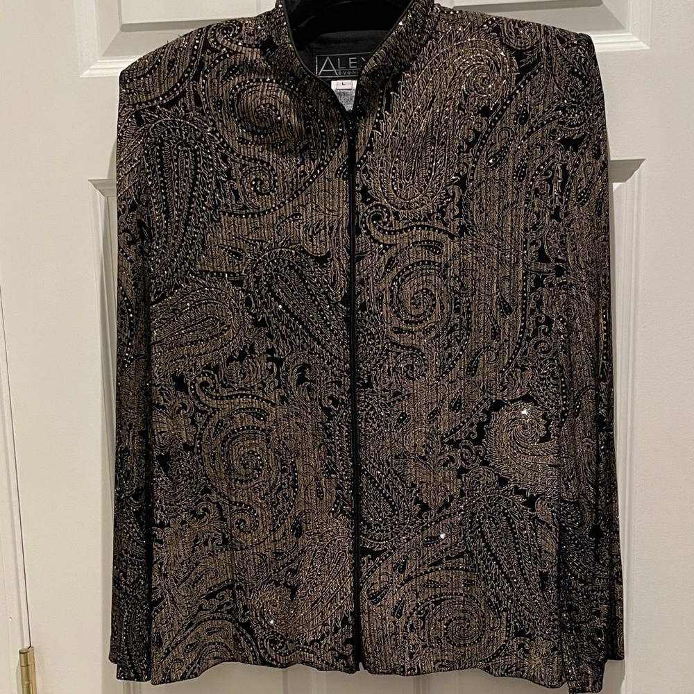 Alex Evenings Black/Gold Full Zip Paisley Evening Jacket Size Large #79283